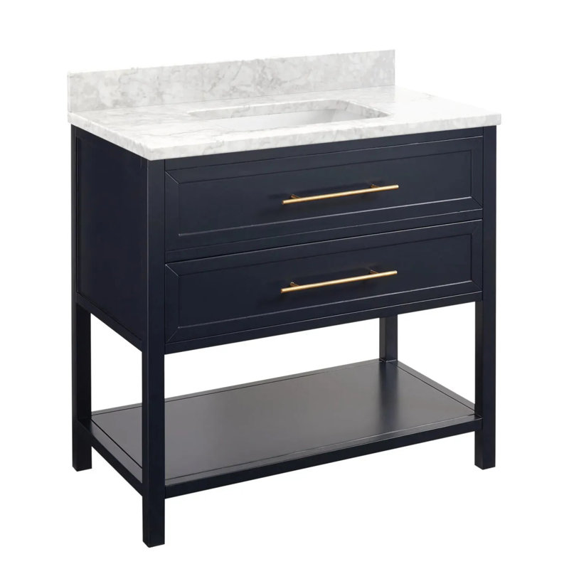 36" Robertson Single Bathroom Vanity Set with Rectangle Undermount Sink, Carrara Marble, Midnight Navy Blue, No Faucet Hole