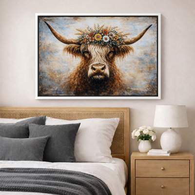 Highland Cow Artwork, Floral Crown Pictures, Framed Canvas Giclee Print Wall Art