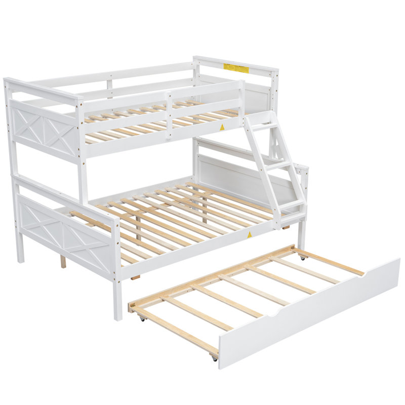 Lit simple superposé au dessus d'un lit double avec échelle, lit gigogne simple, barrière de sécurité, blanc