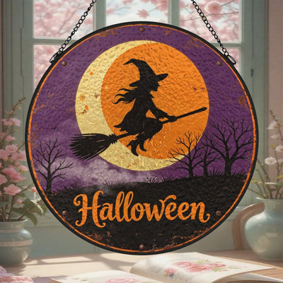 Witch Moon Broom Round Decor Vitrail pour fenêtre