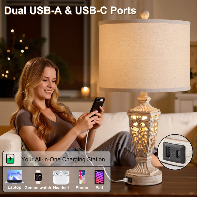  24.5" Country Farmhouse Resin Table Lamp with Night Light and USB Type-C for Bedroom Living room, Antique white