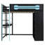 Lit mezzanine double en bois avec bureau, garde-robe ouverte et lumière RVB bleue-122274114