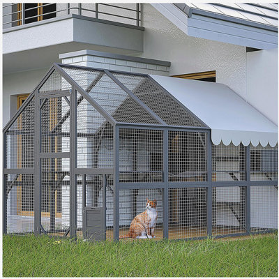 Extra Spacious Catio Outdoor Cat Haven, 110 inch Luxury Cattery with Weather-Resistant Roof, Cat Climbing Ramp, Space Pod Bed, 2 Lounging Huts