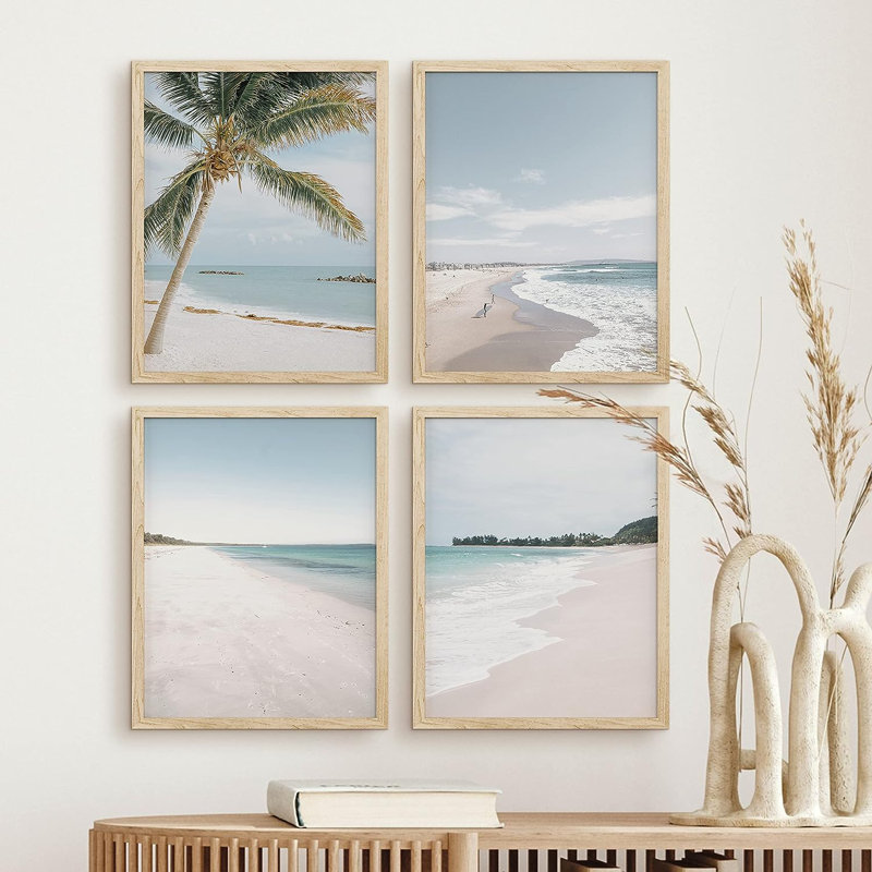 «Beach Shore Tropical Palm Tree Island», reproduction encadrée de 4 pièces, H 14 po x l 11 po x P 1 po, Encadré naturel