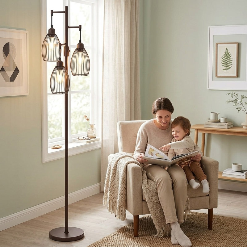 Lampe sur pied industrielle avec cage en forme de larme et 3 ampoules DEL incluses, Brun mat