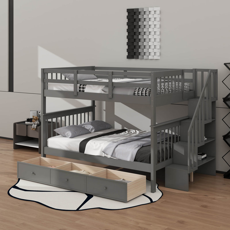 Lit superposé double avec tiroirs, escalier de rangement et garde-corps, convertible en 2 lits séparés, Gris