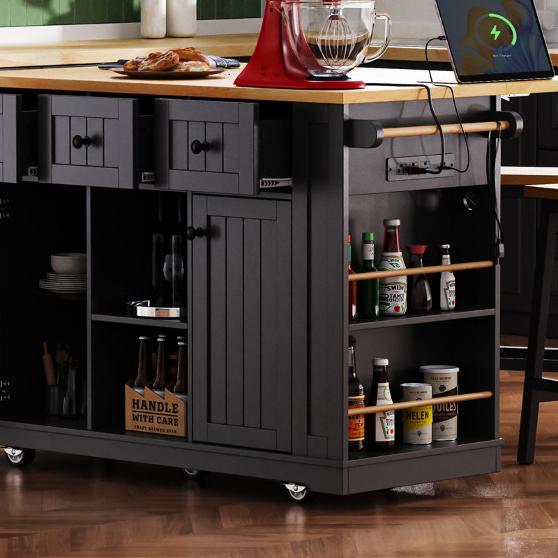 Large Kitchen Island With Drop Leaf, Power Outlet, Door Internal Storage Rack, Rolling Kitchen Cart On 5 Wheels With 5 Open Side Racks For Kitchen, Dining Room (Not Include Bar Stools)