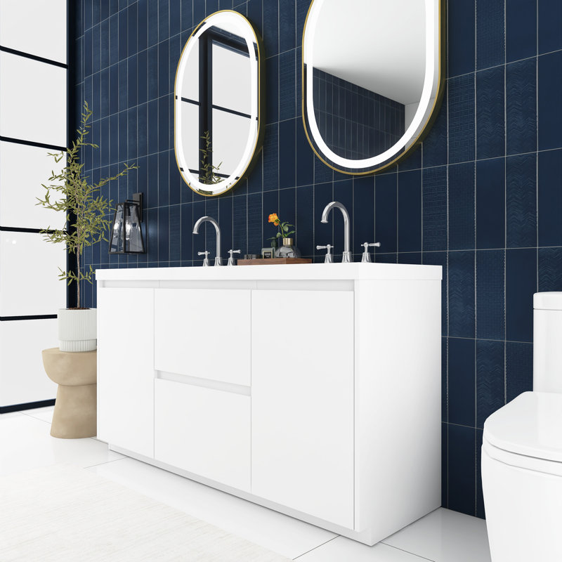 60 po Meuble-lavabo autoportant en panneau de fibres à densité moyenne blanc avec 2 tiroirs, Blanc