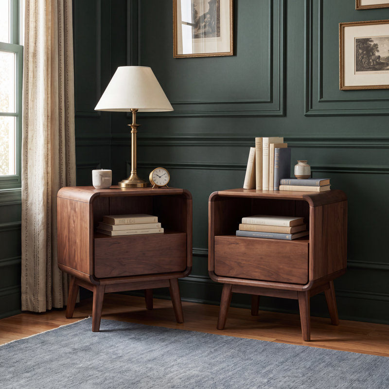 MCM Set of 2 Solid Wood Nightstand With 1 Drawer and Open Shelf, American Walnut