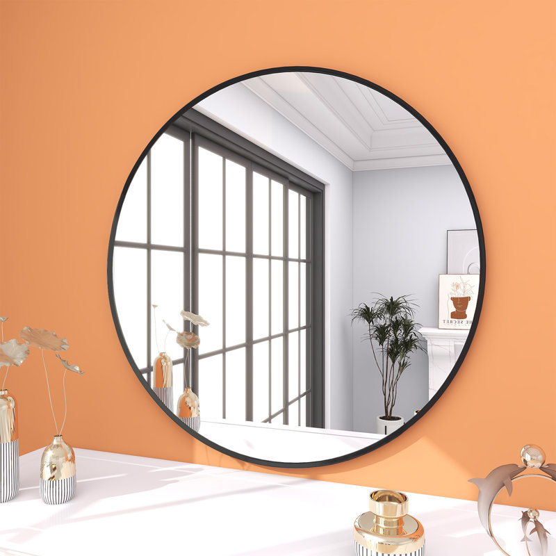 Bhagwanaram Aluminum Framed Round Wall Mirror, Black, 24" x 24"