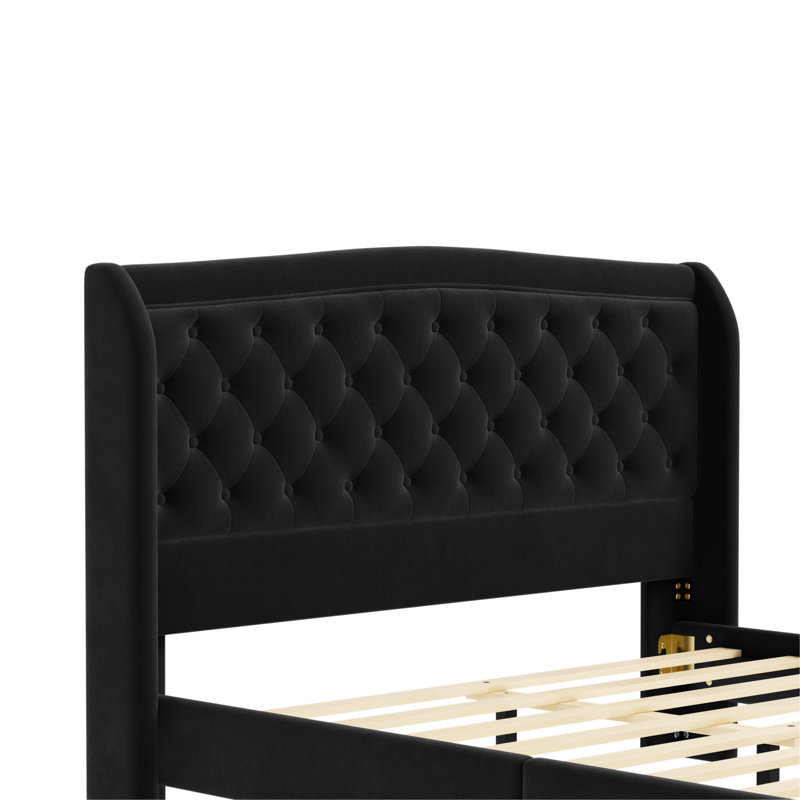 Structure de lit tapissier en velours pour grand lit, cadre de lit plateforme avec tête de lit et pied de lit courbé capitonné, support de lattes en bois, aucun sommier nécessaire, noir