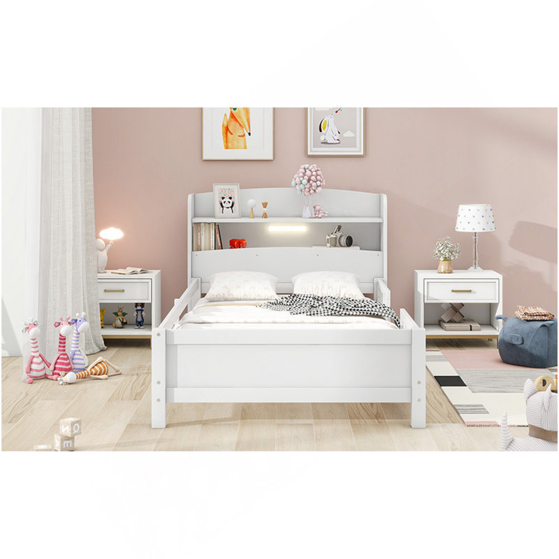 Lit plateforme en bois avec lumière DEL intégrée, tête de lit avec rangement et garde-corps, blanc, Blanc