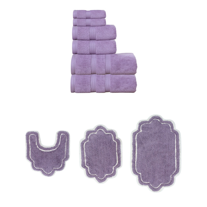 Talbert Collection 100% Soft Cotton 6 Pc Towel Set & 3 Pc Bath Rug Set, (Set of 9), Purple
