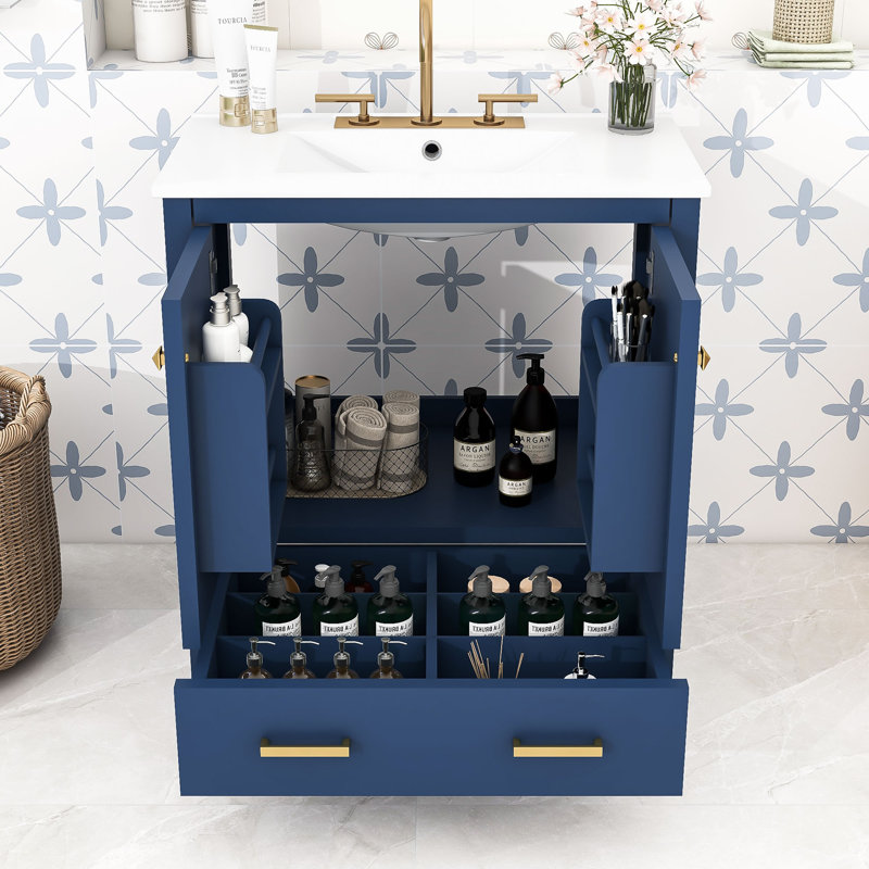 Meuble-lavabo 30 po avec lavabo encastré et rangement avec portes à fermeture douce et tiroir, Bleu