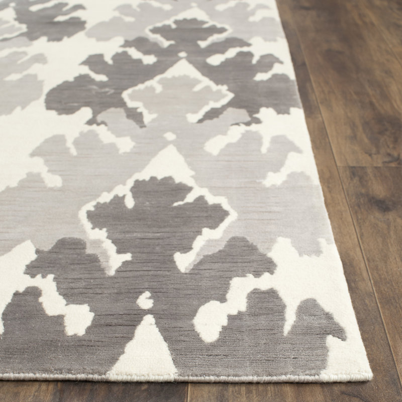 Tapis ikat tibétain noué à la main en viscose / laine / coton perle / gris, Rectangle 9 pi x 12 pi