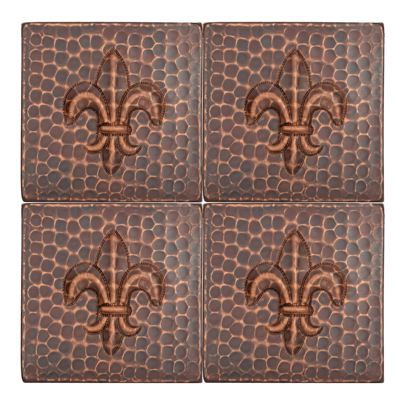 Carreau fleur de lis en cuivre martelé 4 po x 4 po - quantité 4