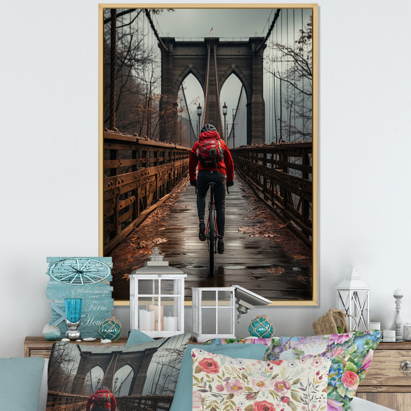 «Goulds Red Gray Brooklyn Bridge», reproduction sur toile, H 32 po x l 16 po x P 1 po, Cadre naturel flottant