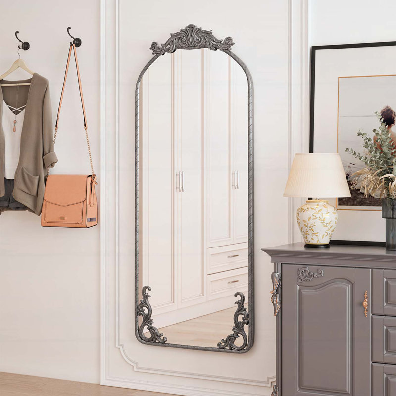 58x24 Inch Arched Full Body Mirror with Vintage Carved Applique, Antique Silver