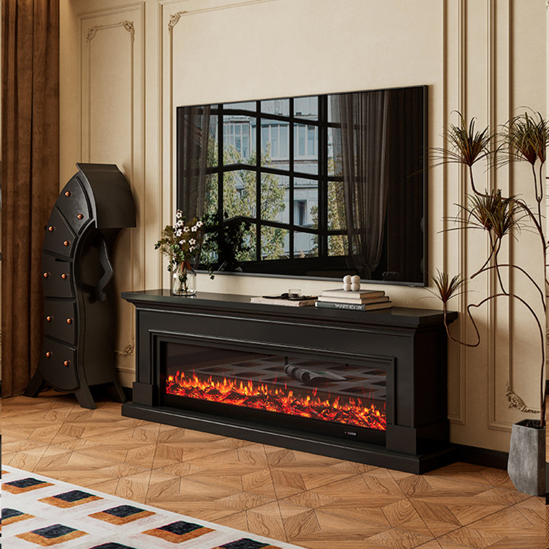 Foyer en bois massif noir avec meuble télé, H 27,56 po x l 78,74 po x P 12,6 po
