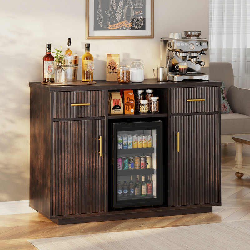 55.1'' W Coffee Bar Cabinet with Fridge Space, Buffet Sideboard Table with Charging Station, Brown