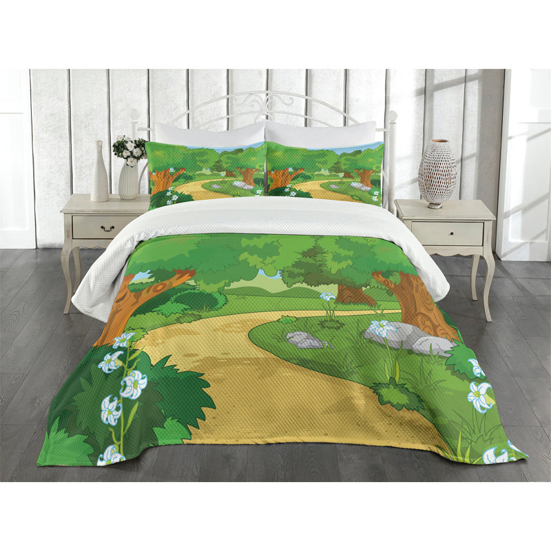 Ambesonne Forest Bedspread Set Pathway Flowers Trees Multicolor, Queen Bedspread + 2 Standard Shams