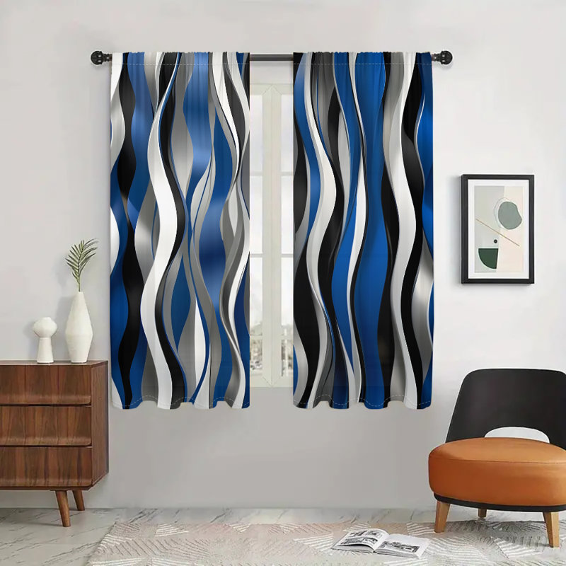 2Pcs Blue Gray Black Wave Stripe Pattern Curtain Modern Abstract Design Window Drapes Elegant Room Darkening Curtains for Bedroom Living Home Decor Energy Saving Rod Pocket Easy Installation
