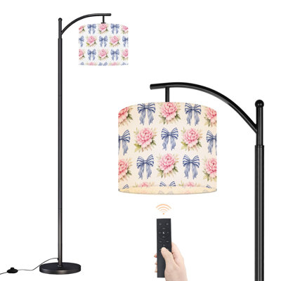 Lampe sur pied PeeNoke Arc pivoine rose à rayures bleues et grande lampe sur pied moderne avec abat-jour réglable en lin à 3 couleurs