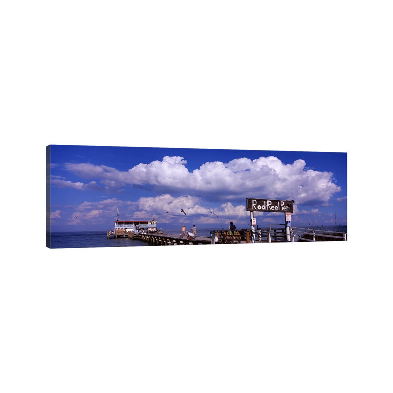 Information Board of a Pier, Rod and Reel Pier, Tampa Bay, Gulf of Mexico, Anna Maria Island, Florida, USA 1 Piece Wrapped Canvas Panoramic Wall Art