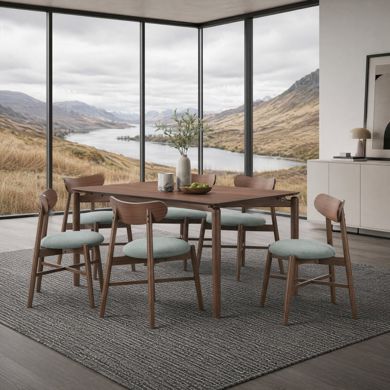 Solid Wood Upholstered Dining Set, 6, Walnut