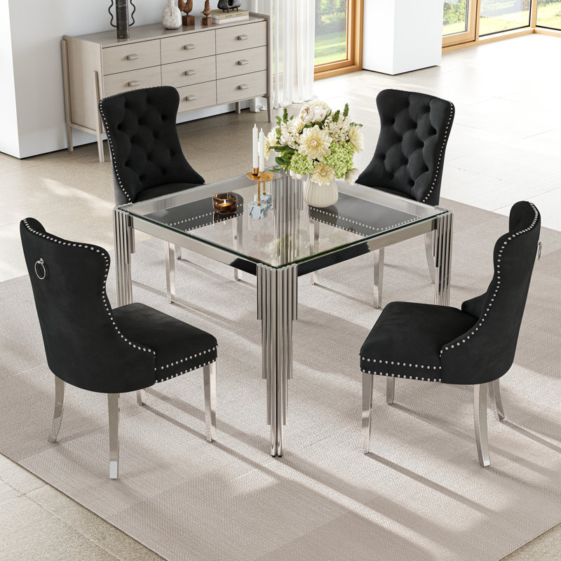 Modern Metal And Glass Dining Table Set With 4 Luxury Velvet Dining Chairs, Black/Silver, Silver, Clear