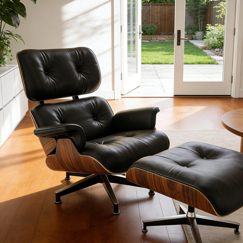 Leather Lounge Chair With Ottoman, Solid Wood Frame, Aluminum Alloy Base, Orangewood/Black