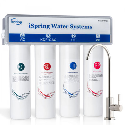 Système de filtration d'eau sous l'évier iSpring CU-A4 0,01 microns à ultrafiltration, grande capacité sans réservoir à 4 niveaux, élimination des contaminants à 99,99%, changement rapide du filtre avec robinet en nickel brossé, blanc