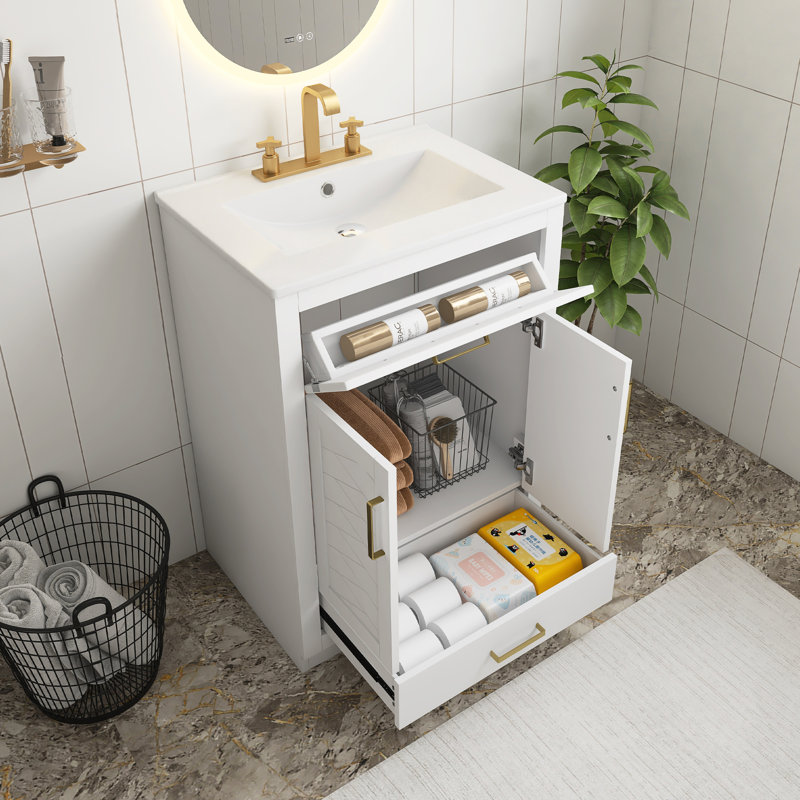 Meuble-lavabo blanc de 24 po avec lavabo en céramique intégré, armoire de salle de bain avec 2 portes et 2 tiroirs, Blanc
