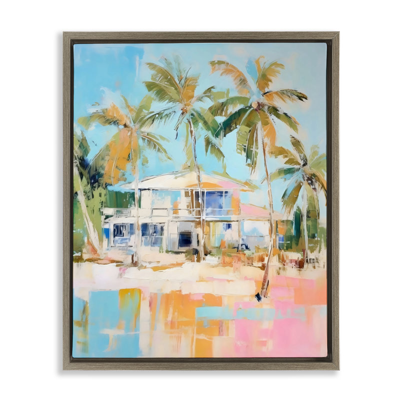 Cadre flottant abstrait Bungalow tropical, design par LSR Design Studio, H 21 po x l 17 po, Cadre flottant orme Montalcino
