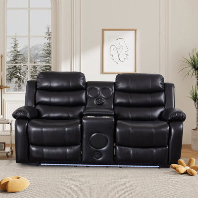 Canapé de cinéma maison inclinable en similicuir 68,89 po avec éclairage DEL, haut-parleurs intégrés et console de rangement