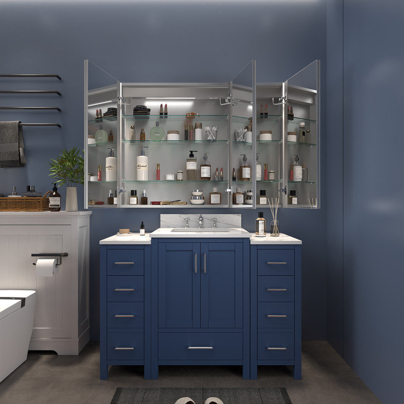 Clayvon 36'' H 48'' W LED Recessed or Surface Mount Frameless Medicine Cabinet with Mirror 6 Shelves, Electrical Outlet and USB