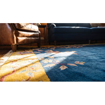 Wool Blue Hand Knotted Pile 1920s Floral Rectangle Antique Rug
