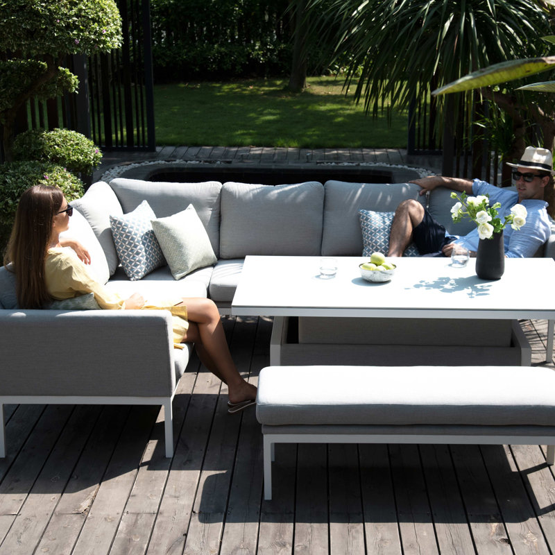 La Rena Outdoor Fabric 8 Seat Rectangular Dining Set - with Fire Pit Table - Lead Chine, Charcoal, Black