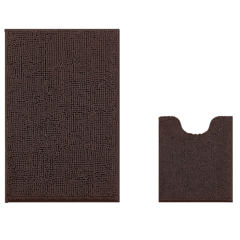 2 Piece Set Soft Cozy Plush Chenille Bath Mat Bathroom Rug, Brown