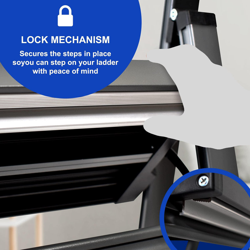 Échelle moderne en aluminium gris à 3 marches Sorfey Premium. Léger, profil ultra-mince, marches antidérapantes, verrou de sécurité, robuste et portable pour la maison, le bureau, la cuisine, la photographie,