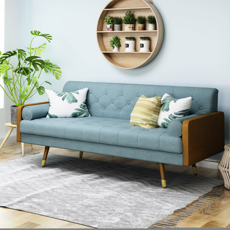 Canapé de salon bleu style Mid-Century en tissu, 80,5 cm (H) x 181 cm (L) x 77,5 cm (P), élégant avec pieds évasés, 77,5 cm (P) x 80,5 cm (H), mobilier luxueux