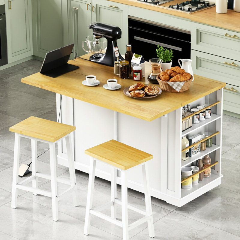 Door Internal Storage Rack Kitchen Island With Bar Stools And Power Outlet, White