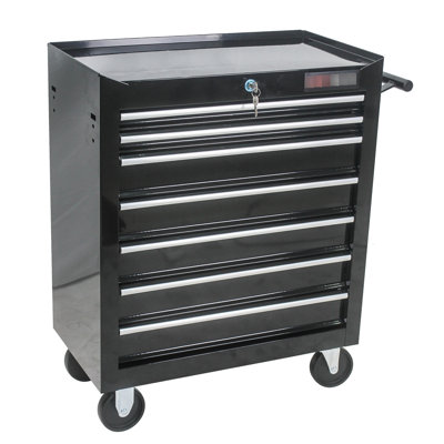 Black 7 Workshop Tool Cart With Wheels, Lockable Function, Bearing Slides, Robust Steel Build, 4 Mobile 7 Drawer Trolley On Wheels - Black, Storage Case, Drawers, Steel, Steering 2 Brake Function