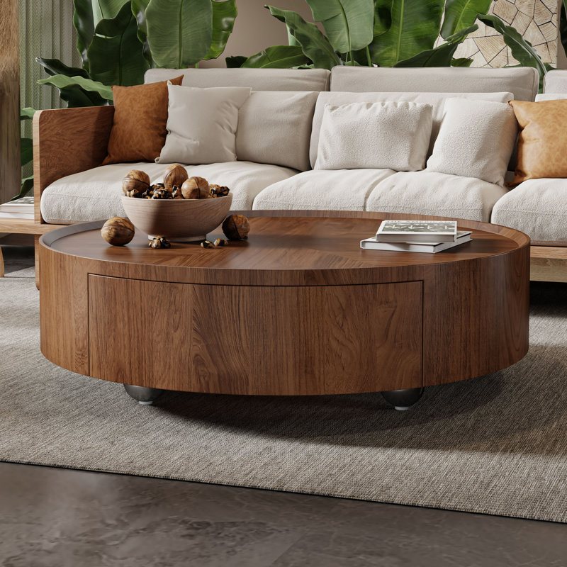 Elegant Round Coffee Table with 2 Storage Drawers, Walnut Wood Grain Top, Modern Living Room Center Table, Easy Setup