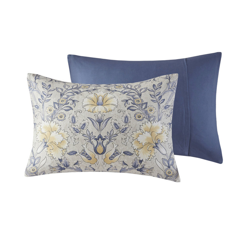 Édredon 100% coton 6 pièces grand, imprimé botanique bleu et jaune pour reine de repos naturel, avec motif nuit