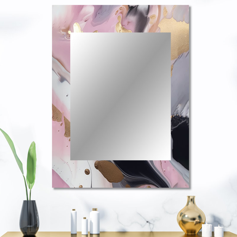 Pink And Gold Inner Worlds Of Marble I - Marble Large Wall Mirror, Modern Unique Mirror, Printed Metal Art, 40" x 30"