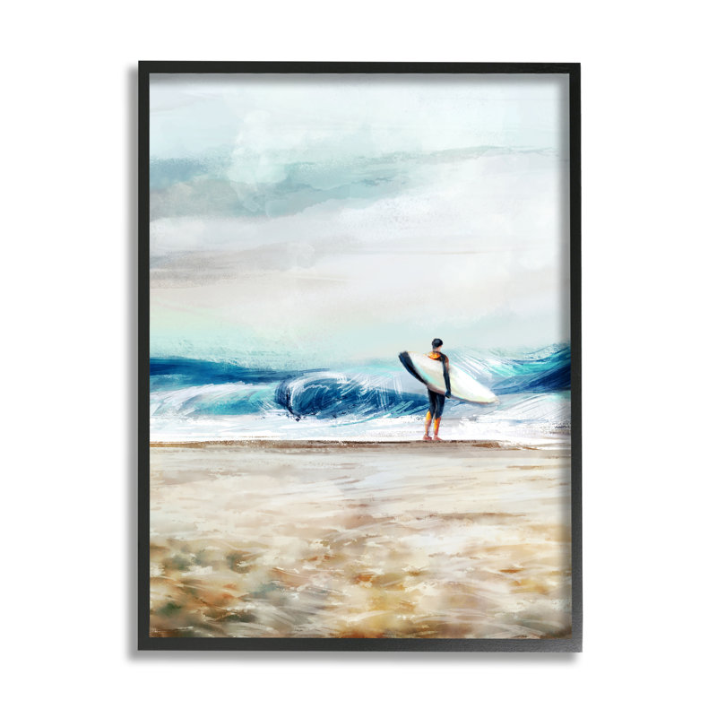 Surfeur debout sur la côte, plage occupée par Ziwei Li 921, H 20 po x l 16 po x P 1,5 po, Giclée encadrée noir minuit