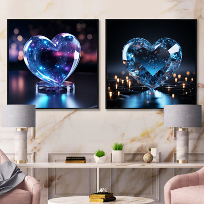 Blue Neon Clear Heart Shape - Abstract Shapes Square Collage Set Of 2