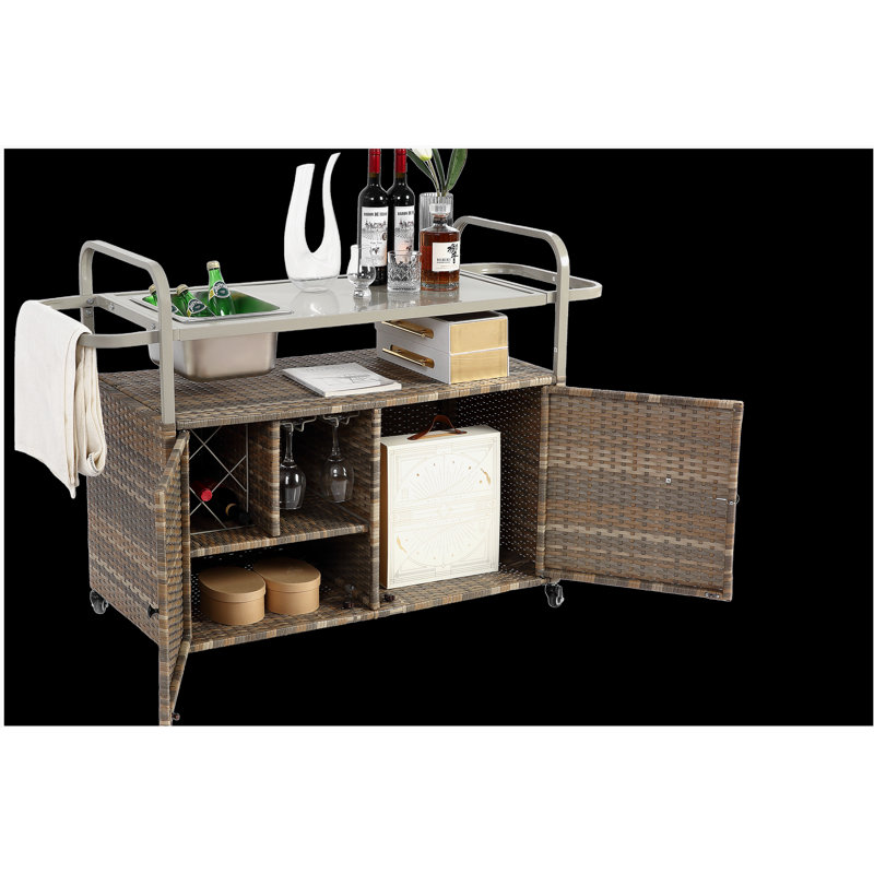 Outdoor bar table, wicker bar cart with cabinet, top deck service cart, with ice bin, lockable wheels, side basket for garden, poolside, and backyard, beige