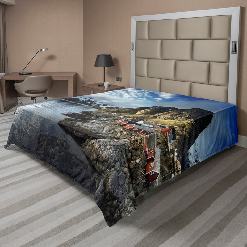 Ambesonne Scenery Top Flat Sheet Autumn Rocks and Clouds Blue Grey White, Queen Flat Sheet